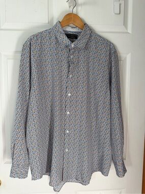 Report Collection Men’s Blue and Orange Micro Floral Button-Down Shirt